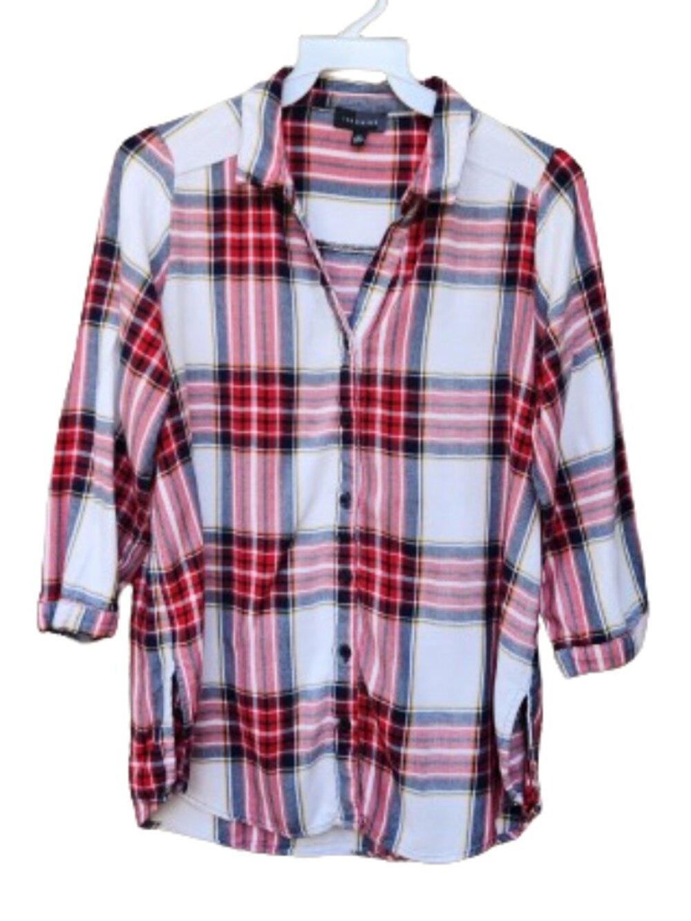 The Limited Plaid Button-Up Blouse V-Neck White Red 3/4 Sleeves Cotton Blend